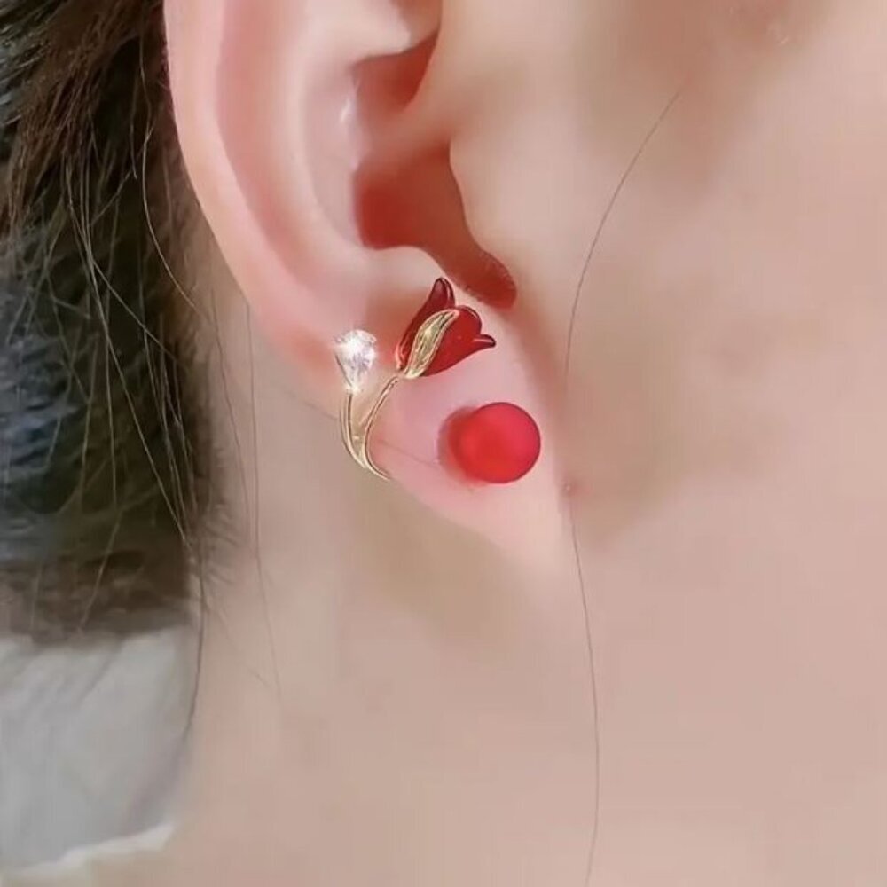 NEW Romantic Red Rose and Pearl Stud and Jacket Earrings Pierced